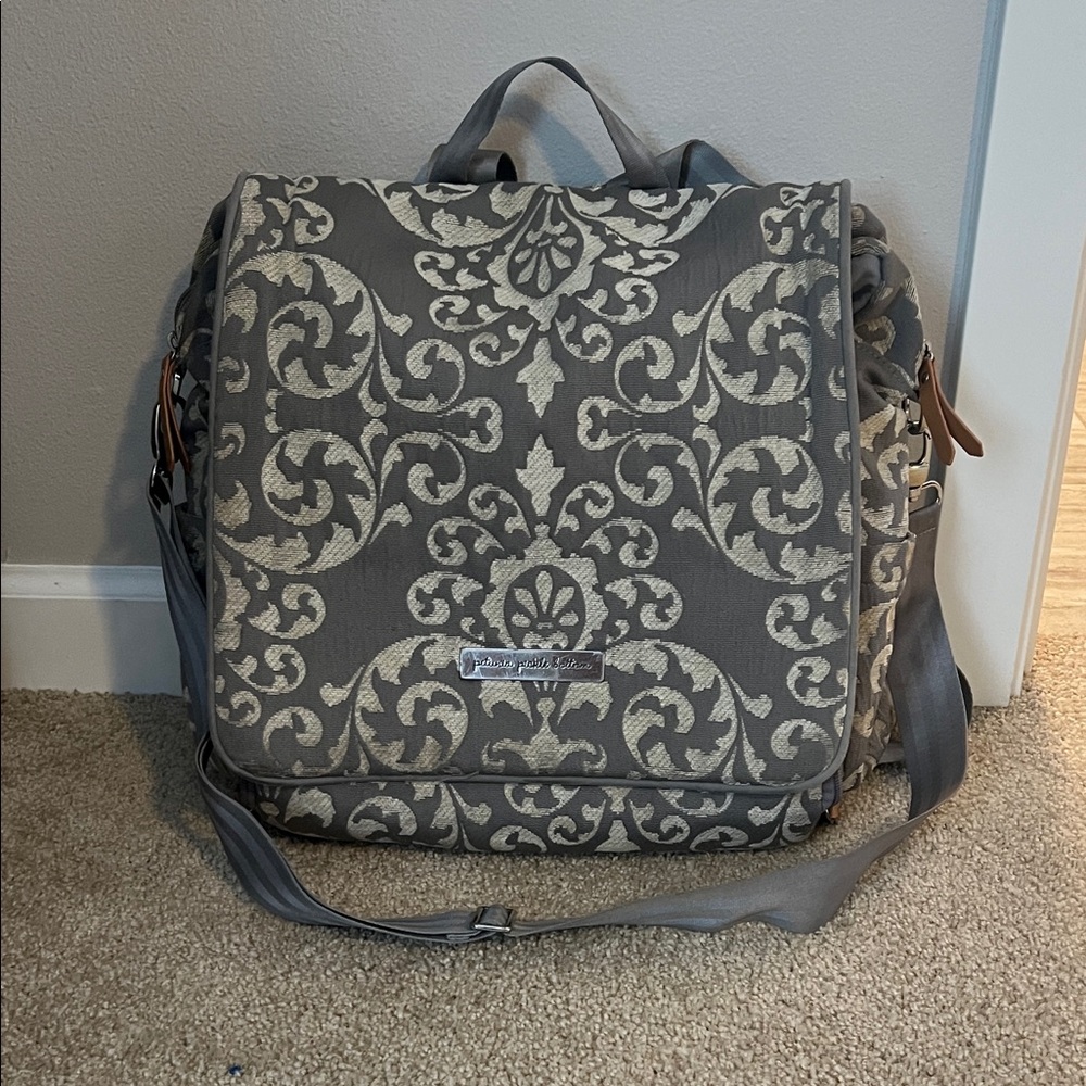 Gray and cream Petunia Pickle bottom diaper bag